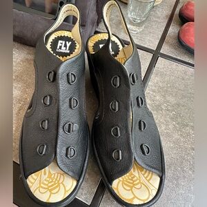 Fly London YLVA black leather peep toe lace up wedge sandal. EU 39/ women’s 8